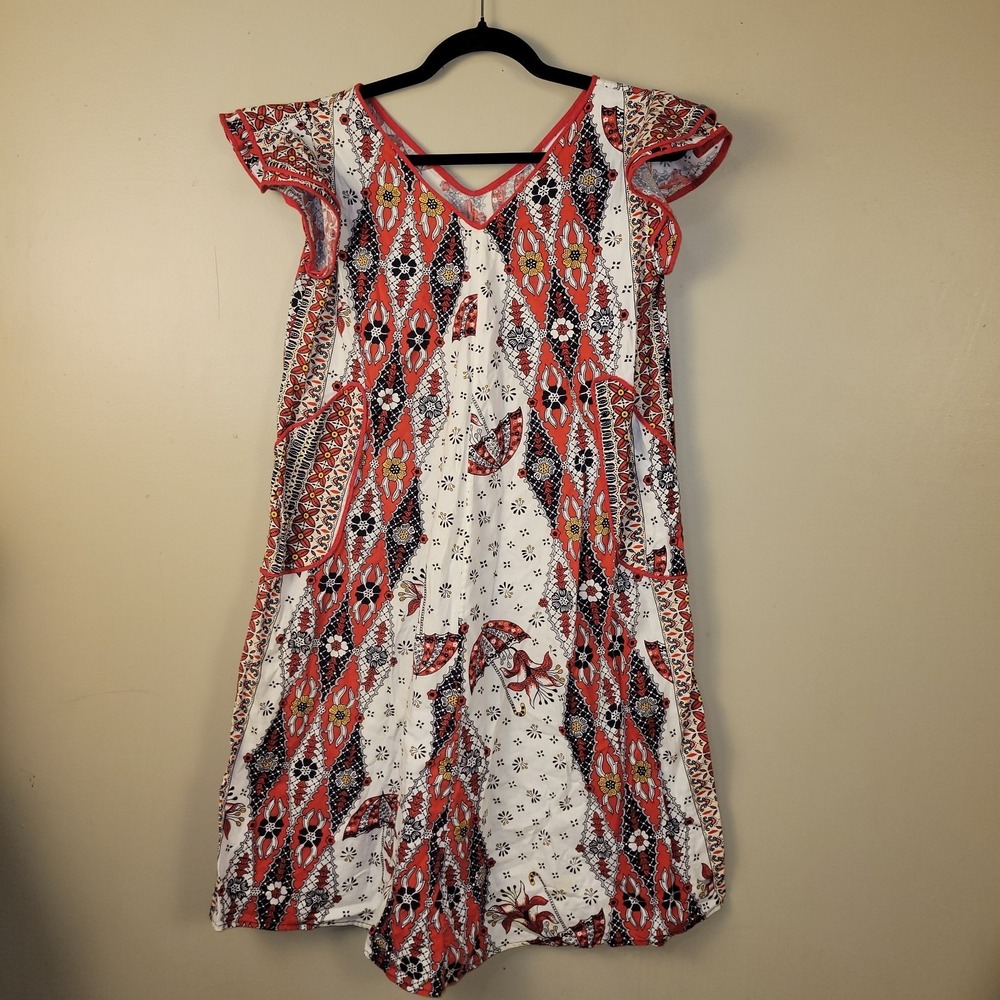 Boho Knee Length‎ Dress Red Black White Umbrella Print Flutter Sleeve Pockets...